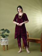 Myshka Women's Magenta Velvet Kurta Pant With Dupatta Set | Grocsy