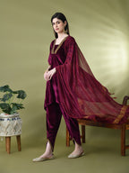 Myshka Women's Magenta Velvet Kurta Pant With Dupatta Set | Grocsy