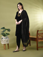 Myshka Women's Black Velvet Kurta Pant With Dupatta Set | Grocsy