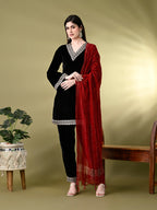 Myshka Women's Black Velvet Kurta Pant With Dupatta Set | Grocsy