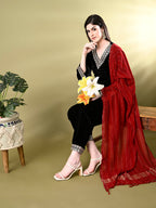 Myshka Women's Black Velvet Kurta Pant With Dupatta Set | Grocsy
