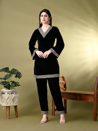 Myshka Women's Black Velvet Kurta Pant With Dupatta Set | Grocsy