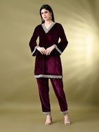 Myshka Women's Magenta Velvet Kurta Pant With Dupatta Set | Grocsy