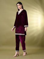 Myshka Women's Magenta Velvet Kurta Pant With Dupatta Set | Grocsy