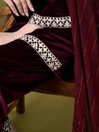Myshka Women's Magenta Velvet Kurta Pant With Dupatta Set | Grocsy