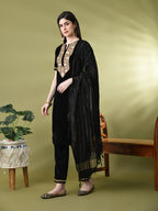 Myshka Women's Black Velvet Kurta Pant With Dupatta Set | Grocsy