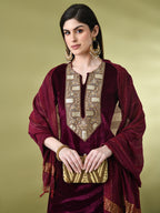 Myshka Women's Magenta Velvet Kurta Pant With Dupatta Set | Grocsy
