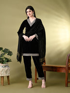 Myshka Women's Black Velvet Kurta Pant With Dupatta Set | Grocsy