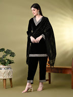 Myshka Women's Black Velvet Kurta Pant With Dupatta Set | Grocsy