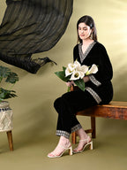Myshka Women's Black Velvet Kurta Pant With Dupatta Set | Grocsy