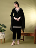 Myshka Women's Black Velvet Kurta Pant With Dupatta Set | Grocsy