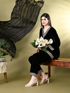 Myshka Women's Black Velvet Kurta Pant With Dupatta Set | Grocsy