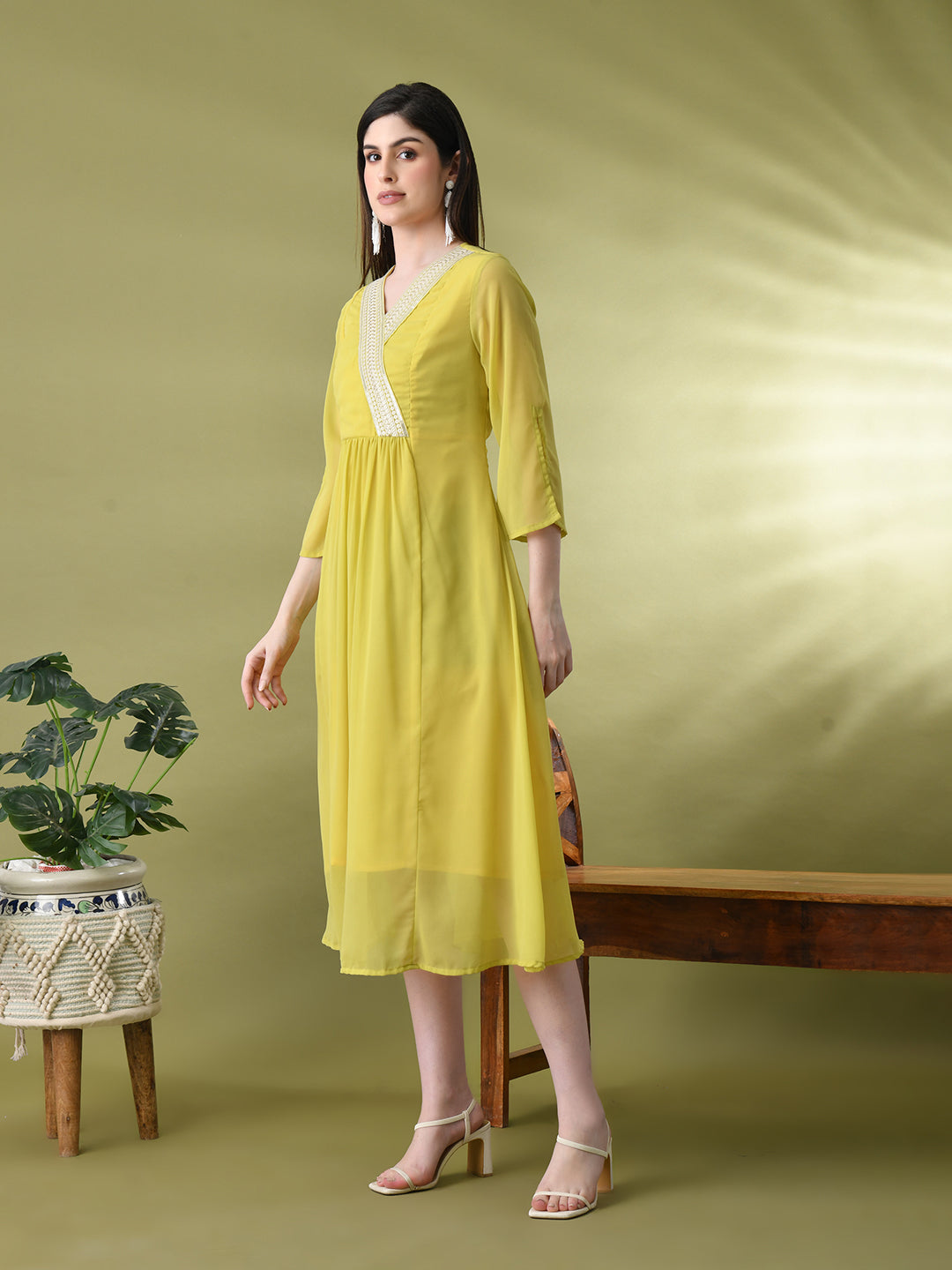 Myshka Women's Green Solid Georgette Dress | Grocsy