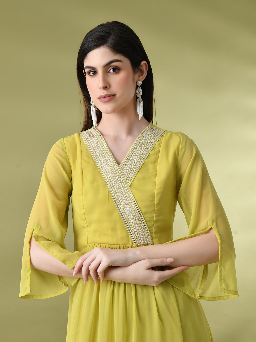 Myshka Women's Green Solid Georgette Dress | Grocsy