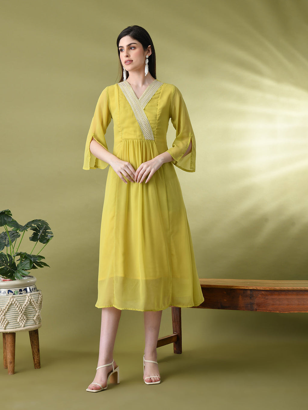 Myshka Women's Green Solid Georgette Dress | Grocsy
