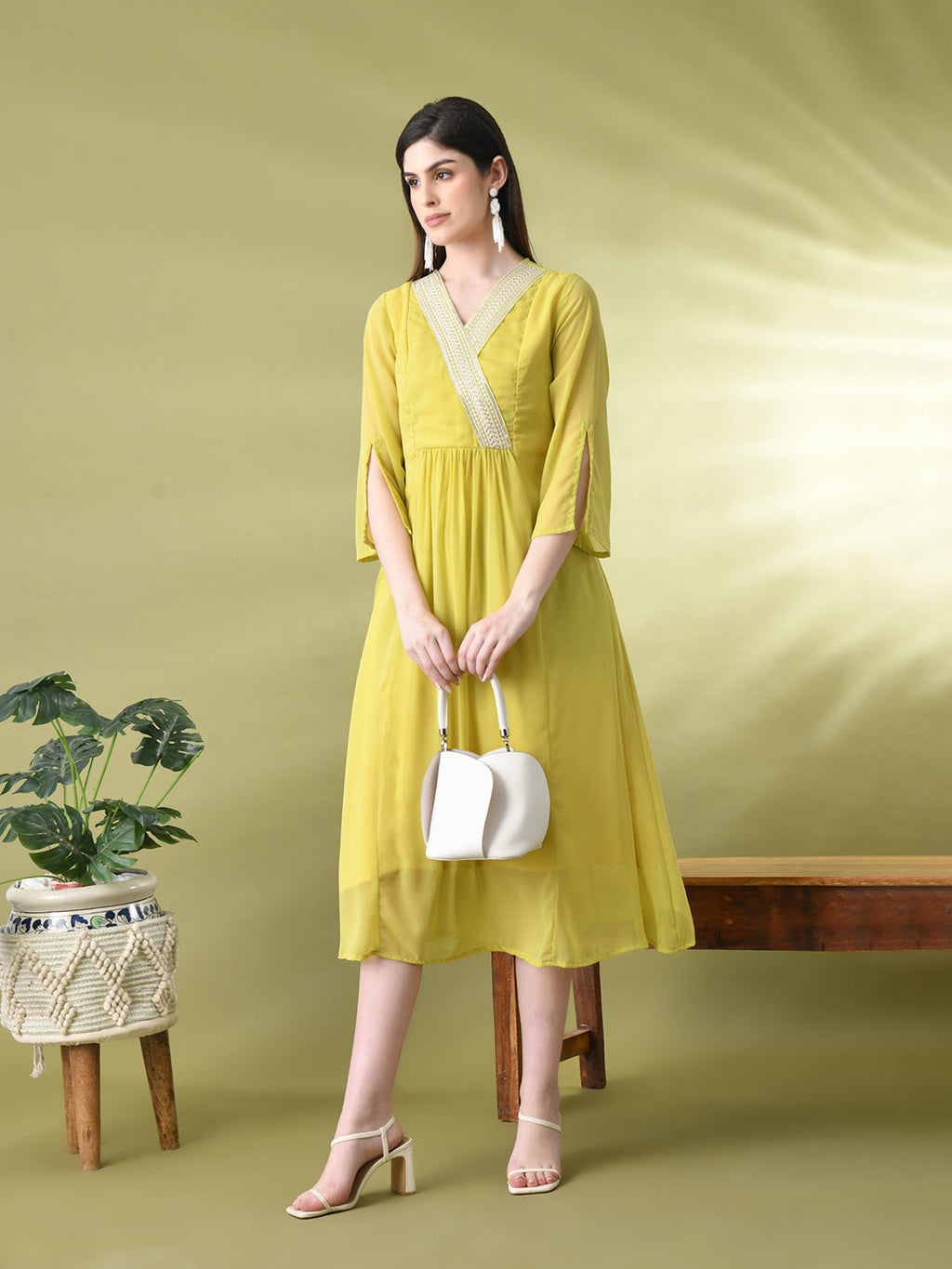 Myshka Women's Green Solid Georgette Dress | Grocsy