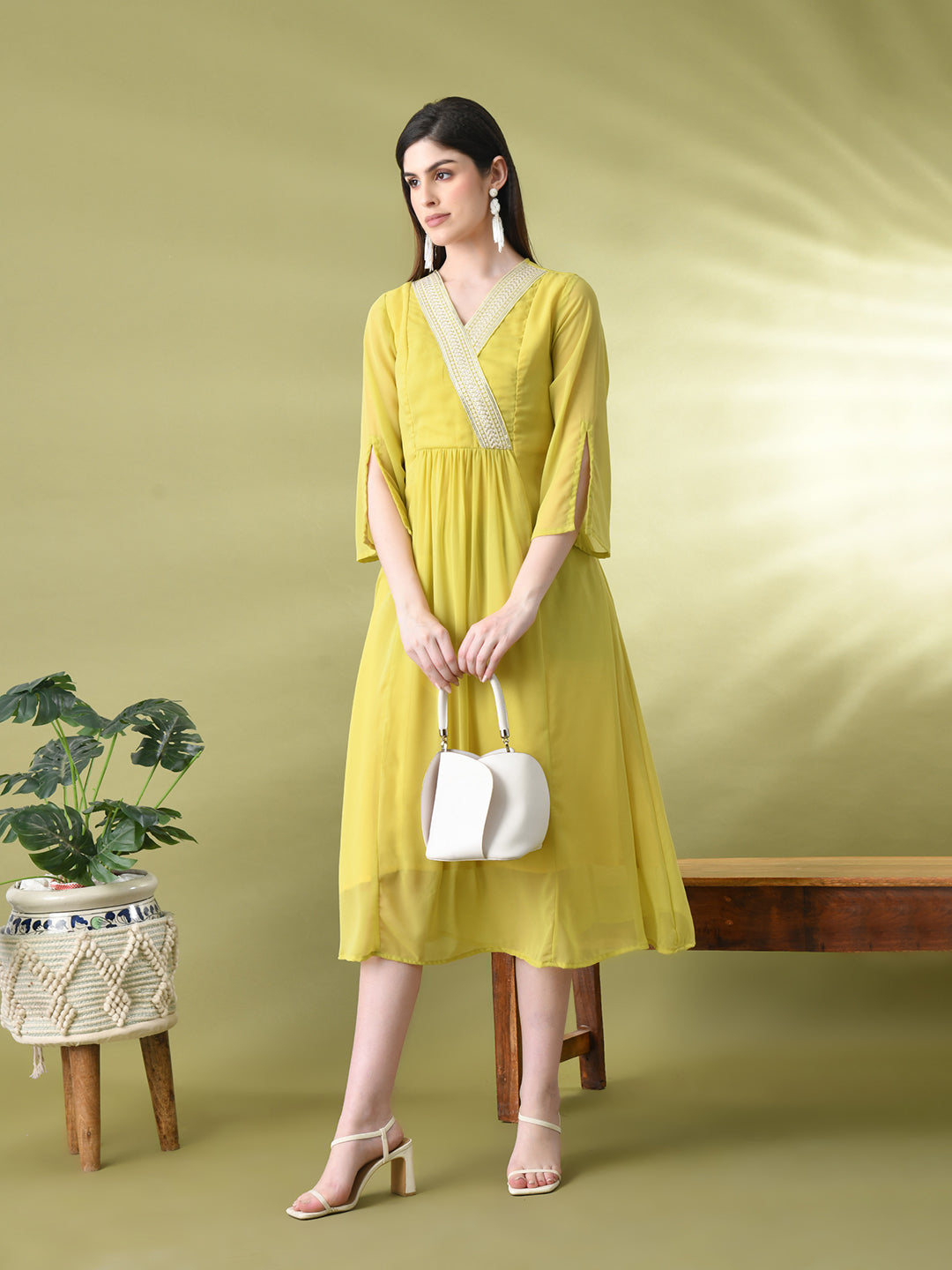 Myshka Women's Green Solid Georgette Dress | Grocsy