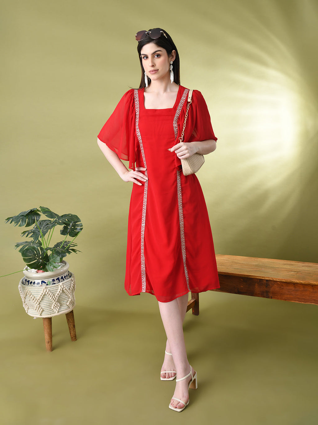 Myshka Women's Red Solid Georgette Dress | Grocsy