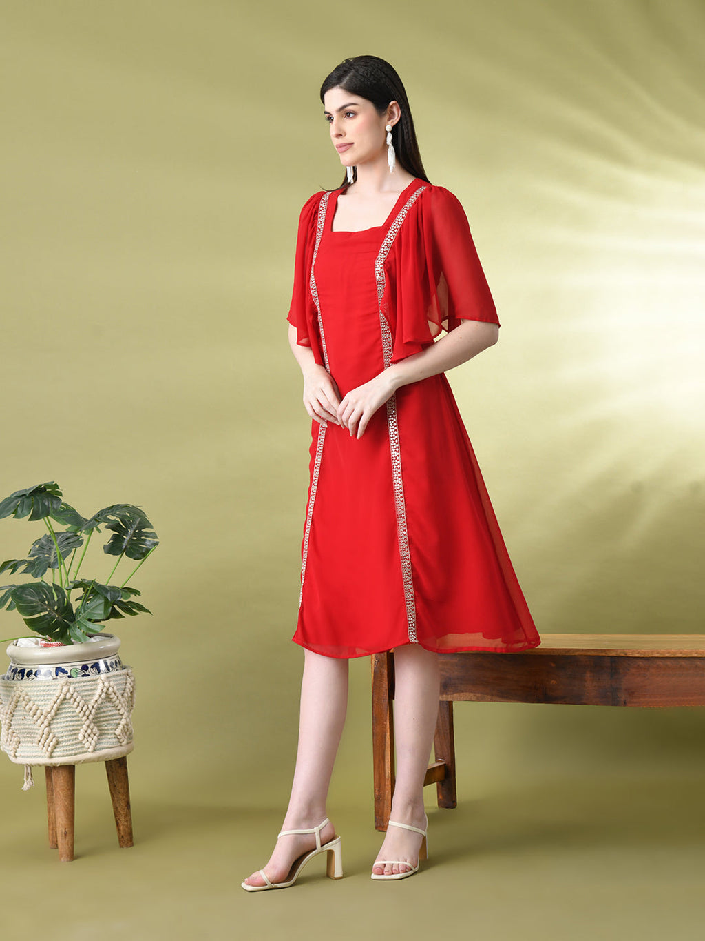 Myshka Women's Red Solid Georgette Dress | Grocsy