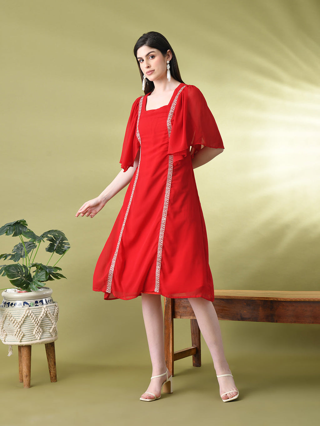 Myshka Women's Red Solid Georgette Dress | Grocsy