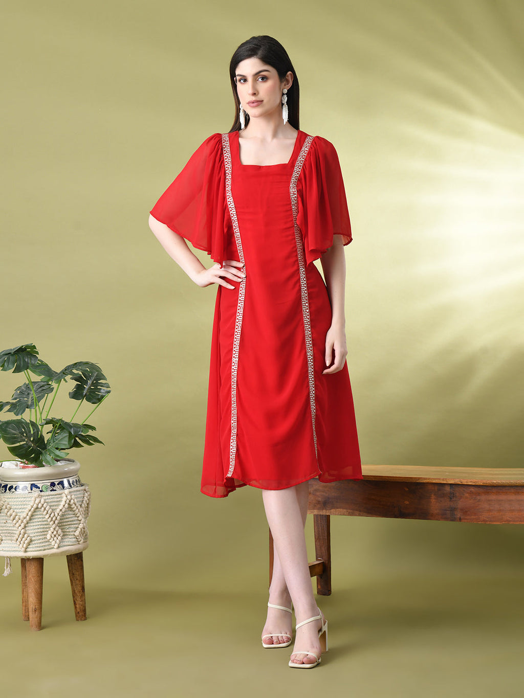 Myshka Women's Red Solid Georgette Dress | Grocsy