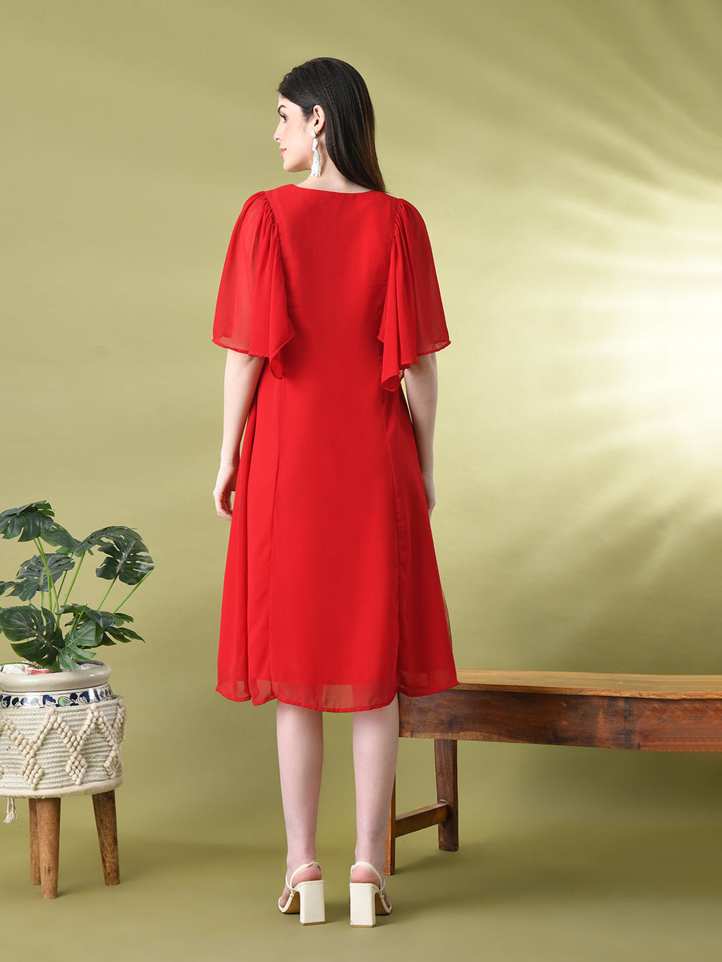 Myshka Women's Red Solid Georgette Dress | Grocsy