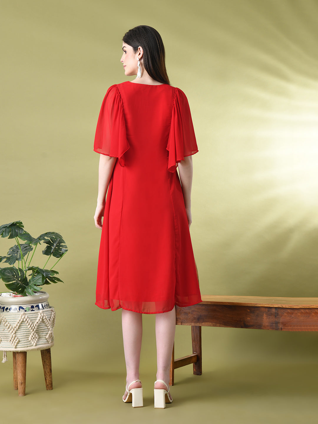 Myshka Women's Red Solid Georgette Dress | Grocsy