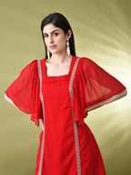 Myshka Women's Red Solid Georgette Dress | Grocsy