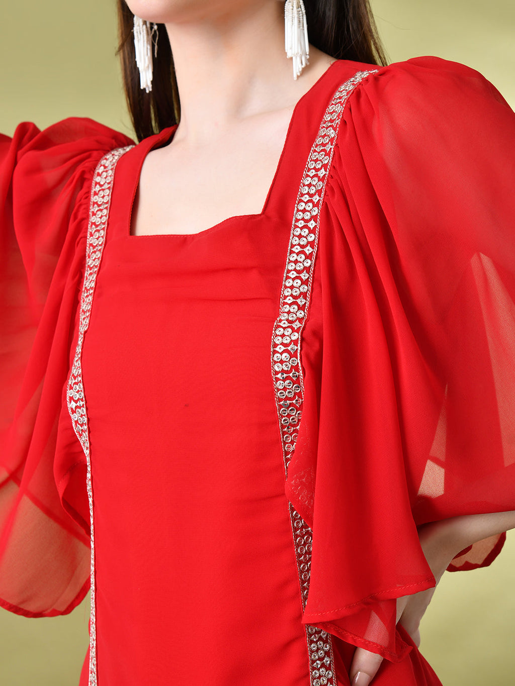 Myshka Women's Red Solid Georgette Dress | Grocsy