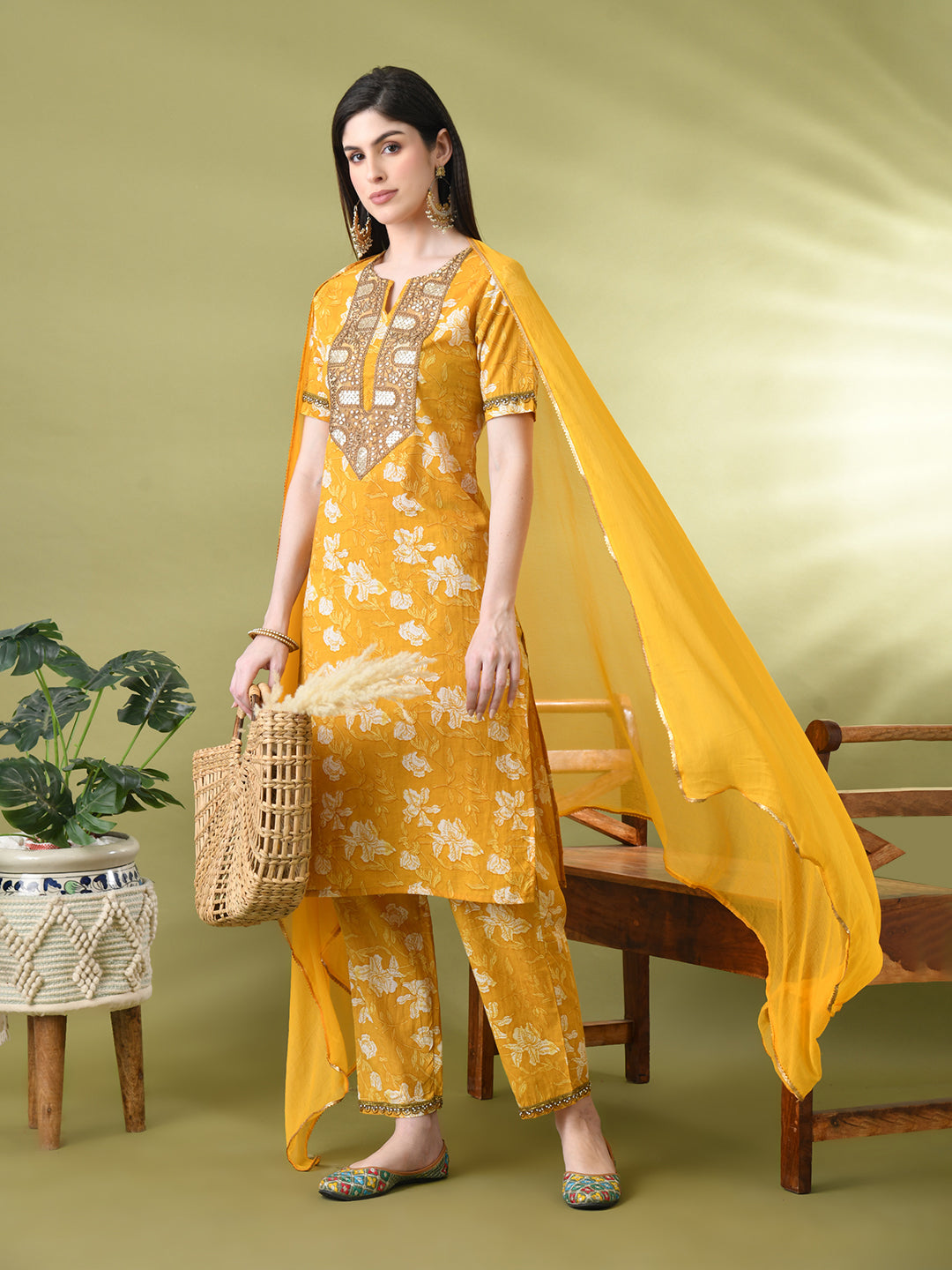 Myshka Women's Cotton Yellow Printed Kurta Set With Dupatta | Grocsy