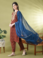 Myshka Women's Cotton Red Printed Kurta Set With Dupatta | Grocsy