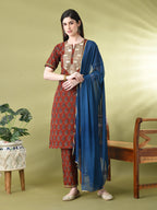 Myshka Women's Cotton Red Printed Kurta Set With Dupatta | Grocsy