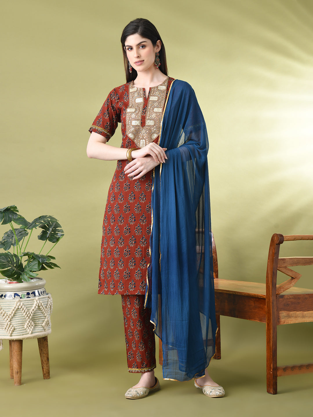 Myshka Women's Cotton Red Printed Kurta Set With Dupatta | Grocsy