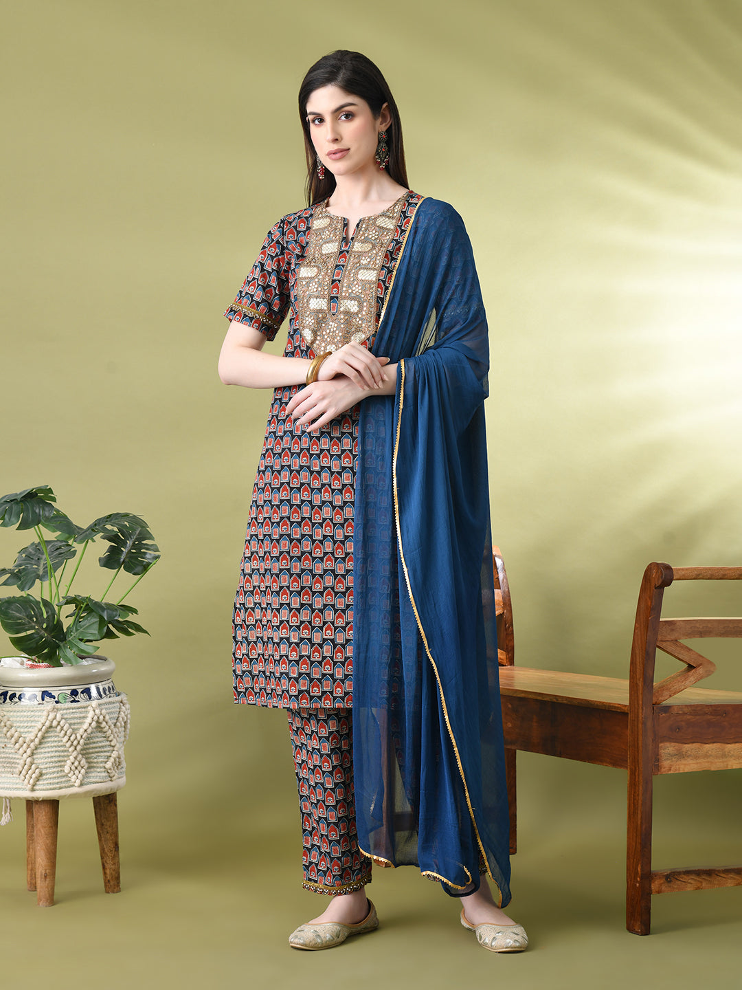 Myshka Women's Cotton Printed Kurta Set With Dupatta | Grocsy