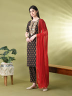 Myshka Women's Cotton Printed Kurta Set With Dupatta | Grocsy