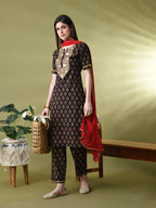 Myshka Women's Cotton Printed Kurta Set With Dupatta | Grocsy
