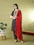 Myshka Women's Cotton Black Printed Kurta Set With Dupatta | Grocsy