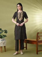Myshka Women's Cotton Black Printed Kurta Set With Dupatta | Grocsy