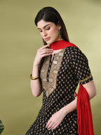 Myshka Women's Cotton Black Printed Kurta Set With Dupatta | Grocsy