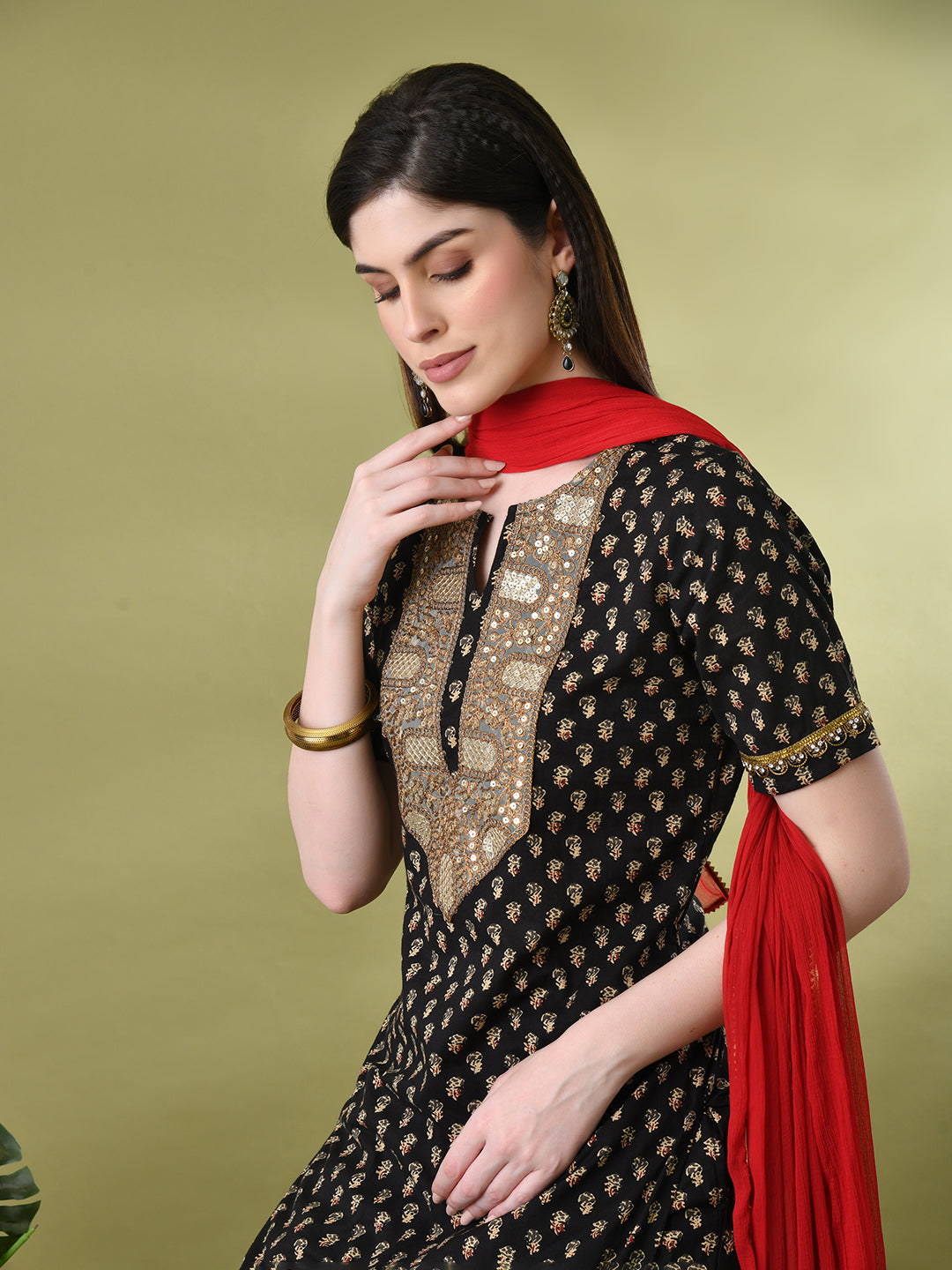 Myshka Women's Cotton Black Printed Kurta Set With Dupatta | Grocsy