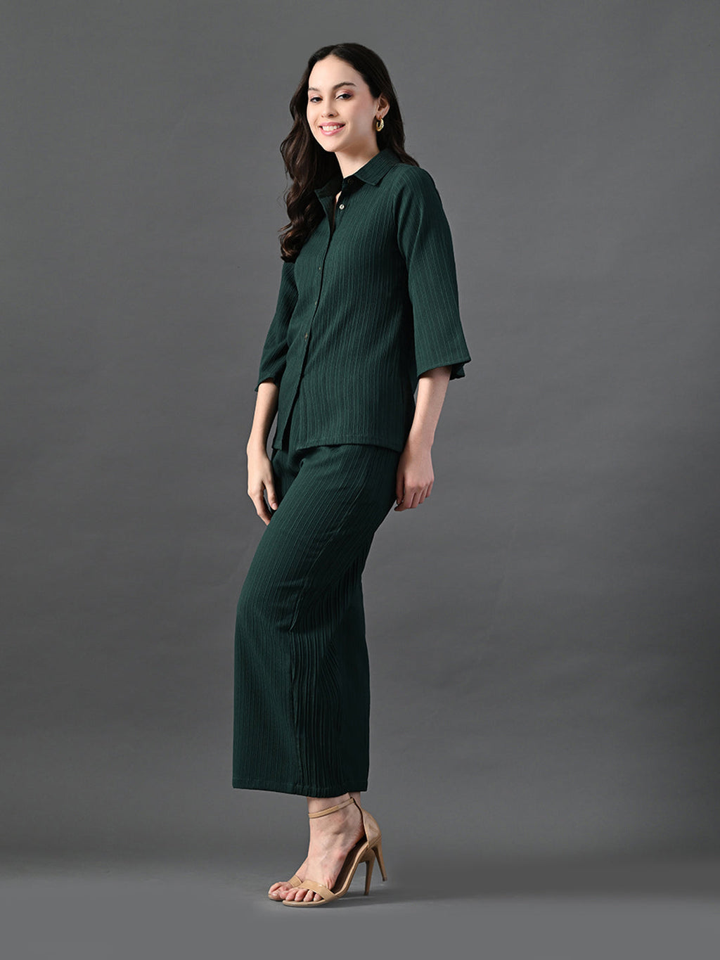 Myshka Women's Green Pleated Co-Ord Set | Grocsy