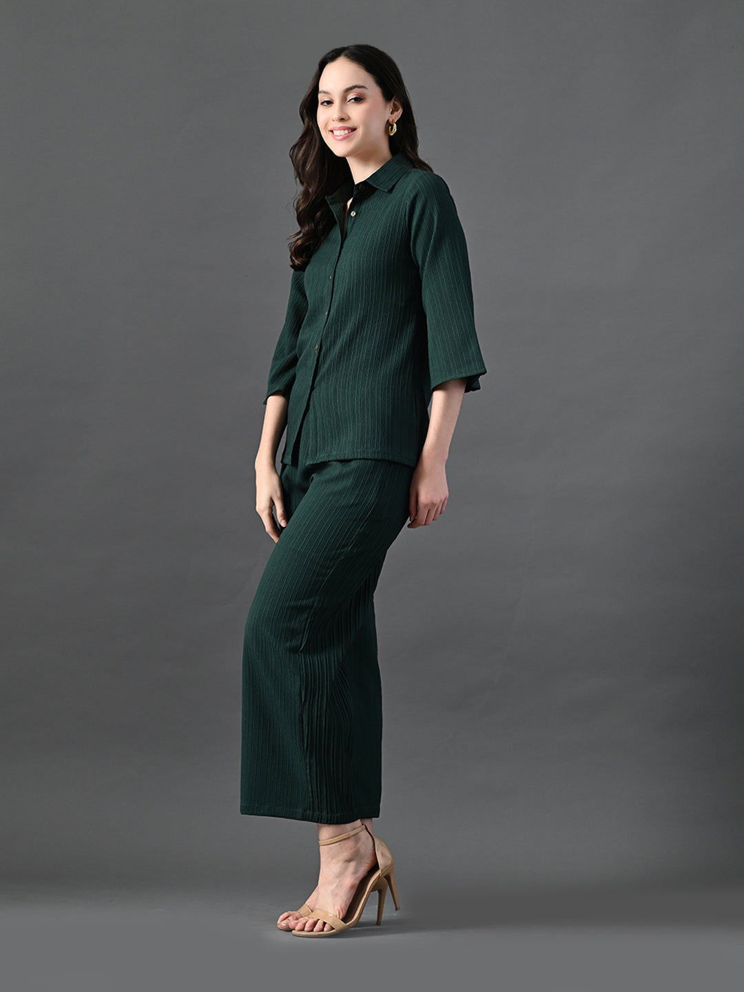 Myshka Women's Green Pleated Co-Ord Set | Grocsy
