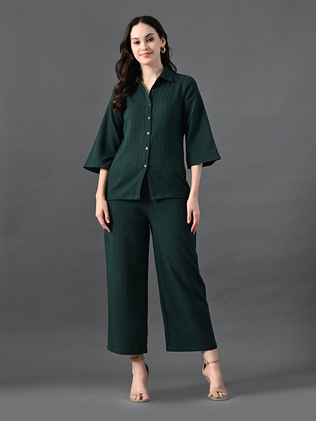Myshka Women's Green Pleated Co-Ord Set | Grocsy