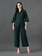 Myshka Women's Green Pleated Co-Ord Set | Grocsy