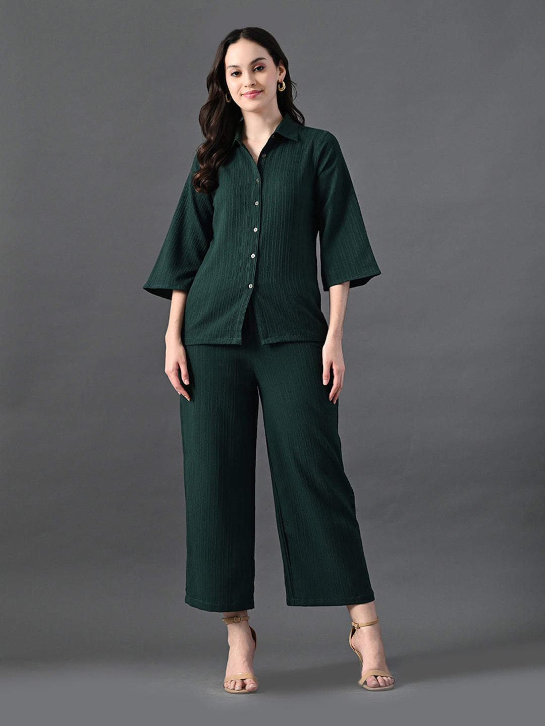 Myshka Women's Green Pleated Co-Ord Set | Grocsy