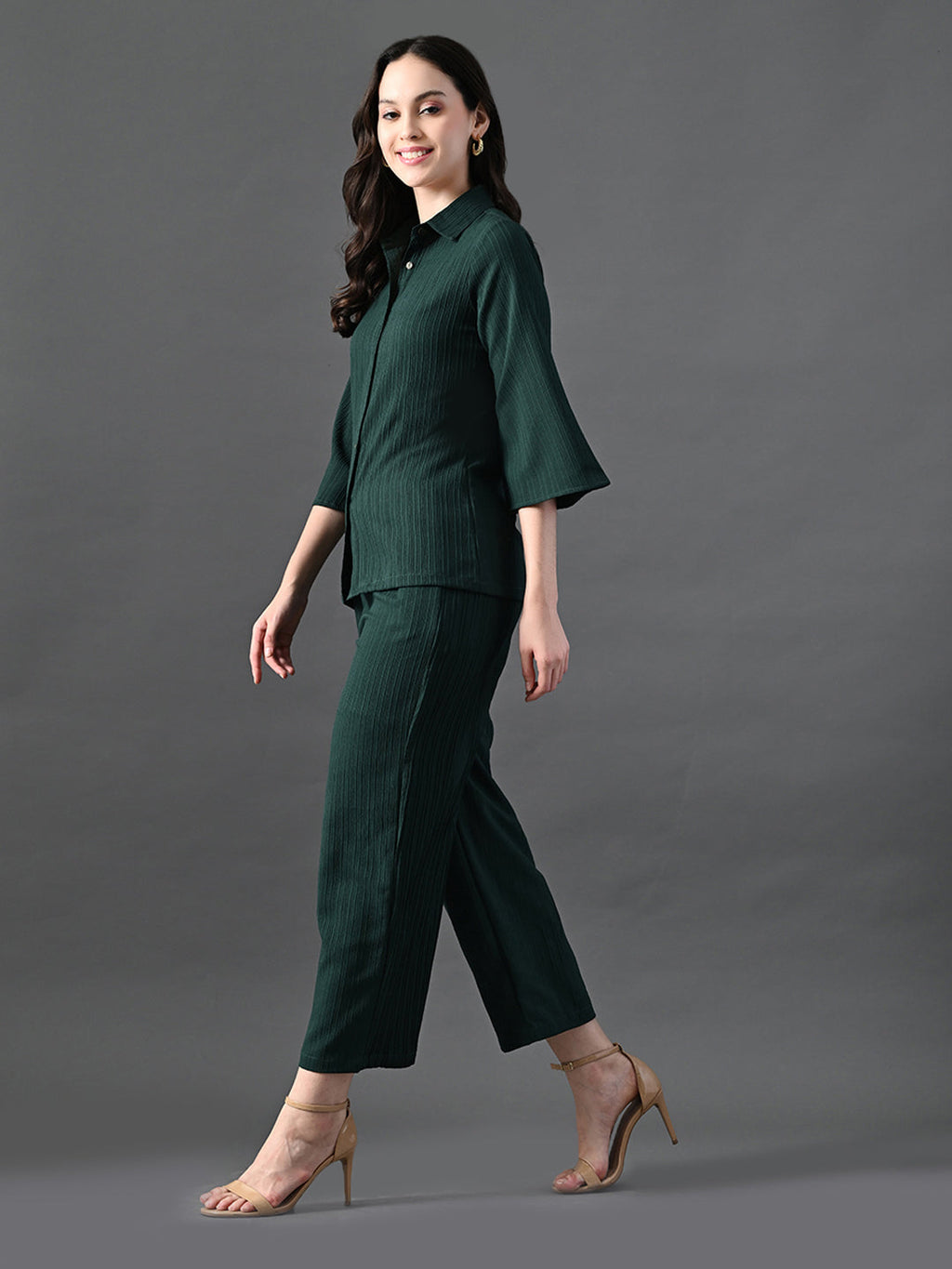 Myshka Women's Green Pleated Co-Ord Set | Grocsy