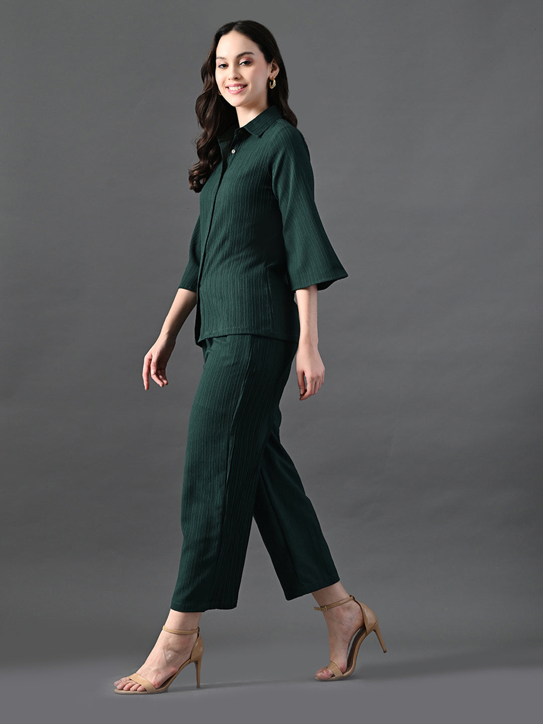 Myshka Women's Green Pleated Co-Ord Set | Grocsy