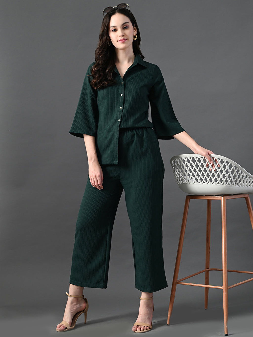 Myshka Women's Green Pleated Co-Ord Set | Grocsy