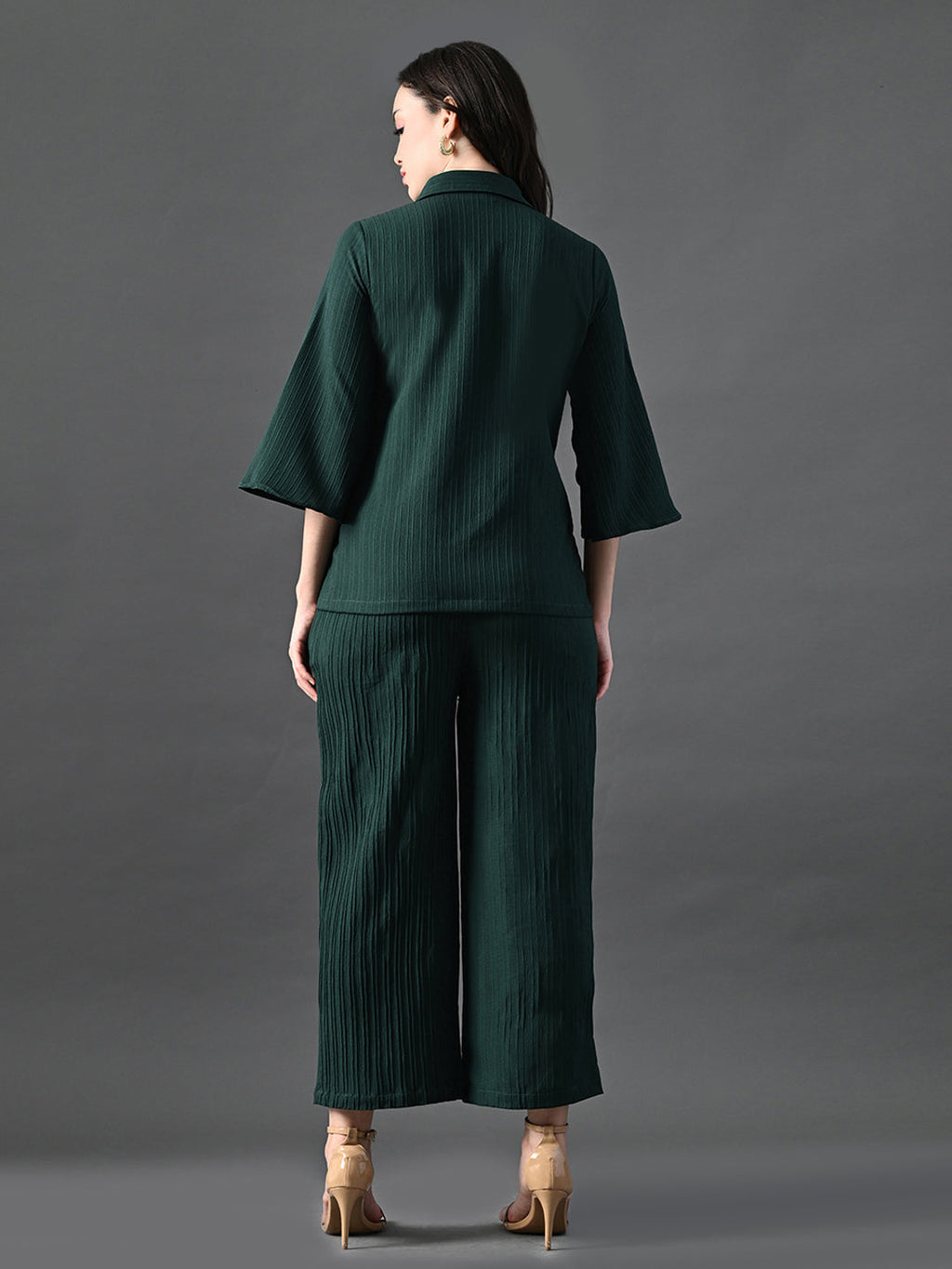 Myshka Women's Green Pleated Co-Ord Set | Grocsy