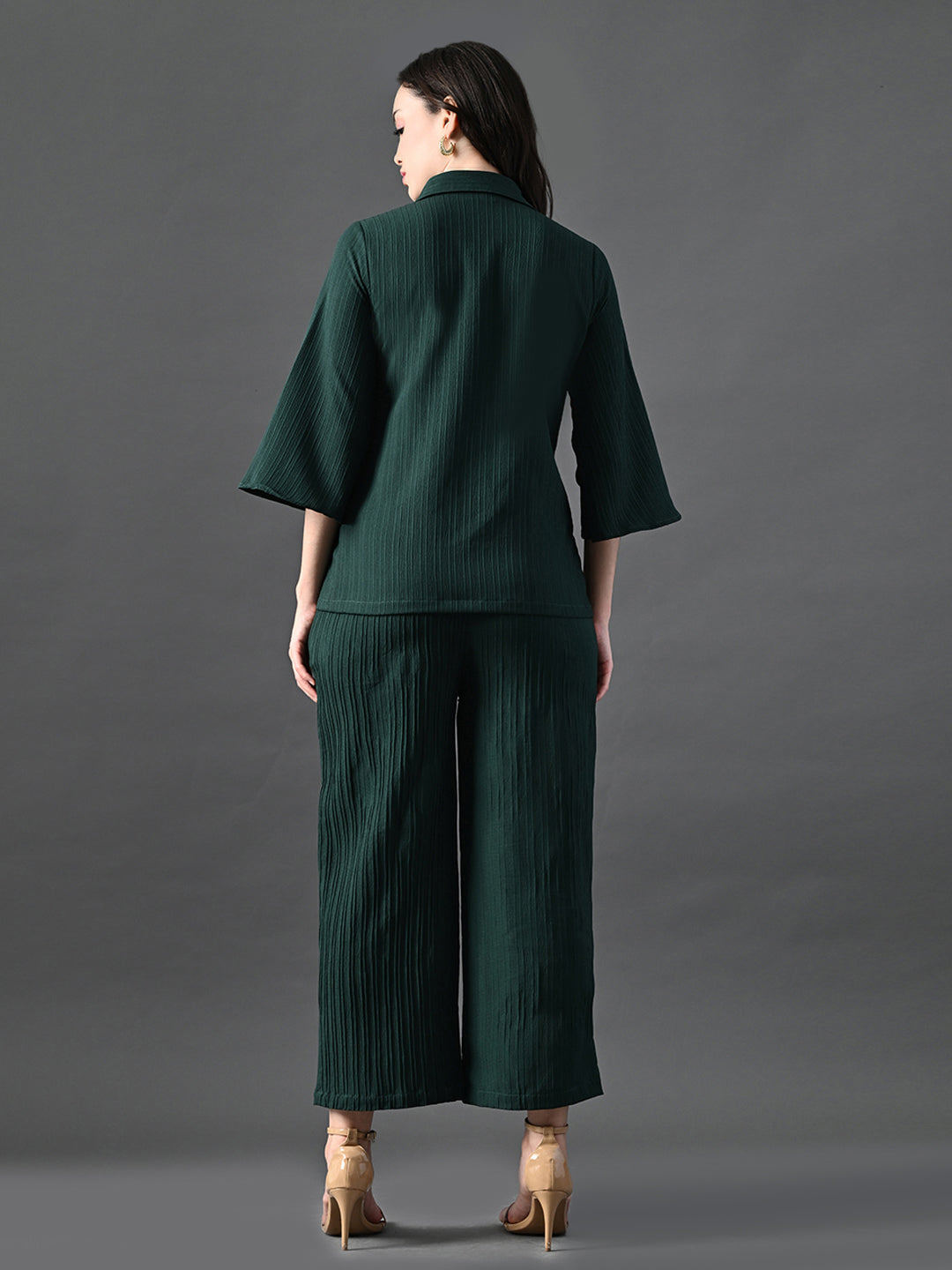 Myshka Women's Green Pleated Co-Ord Set | Grocsy